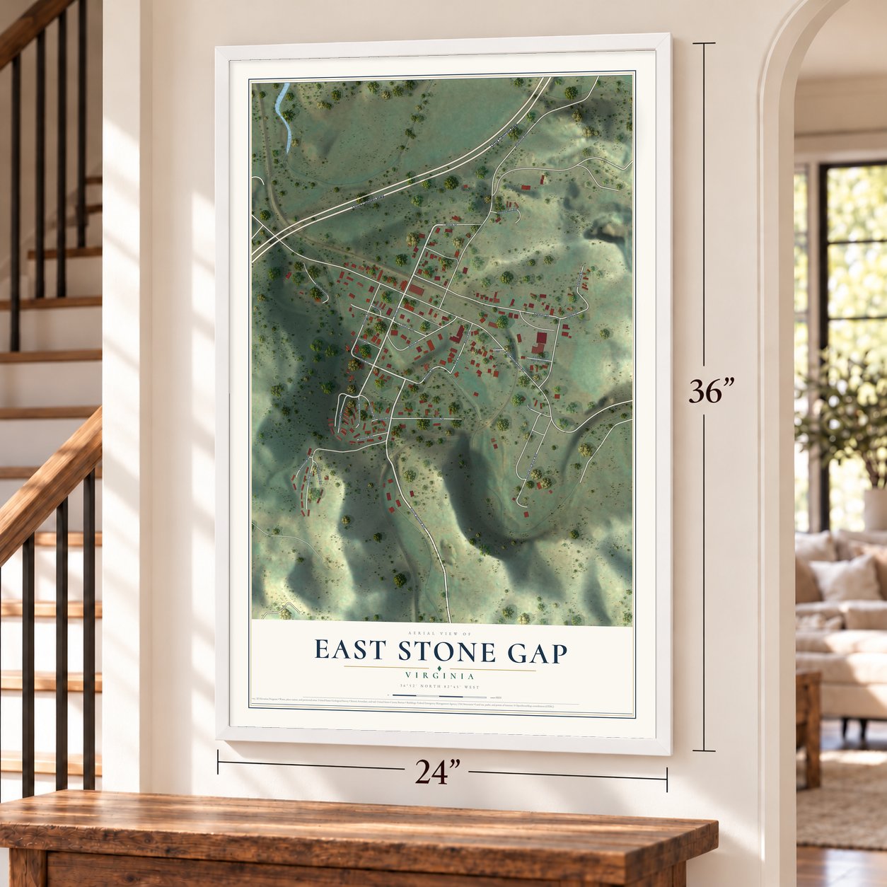 East Stone Gap, Virginia map, 24 x 36 inch print in a white frame by a staircase