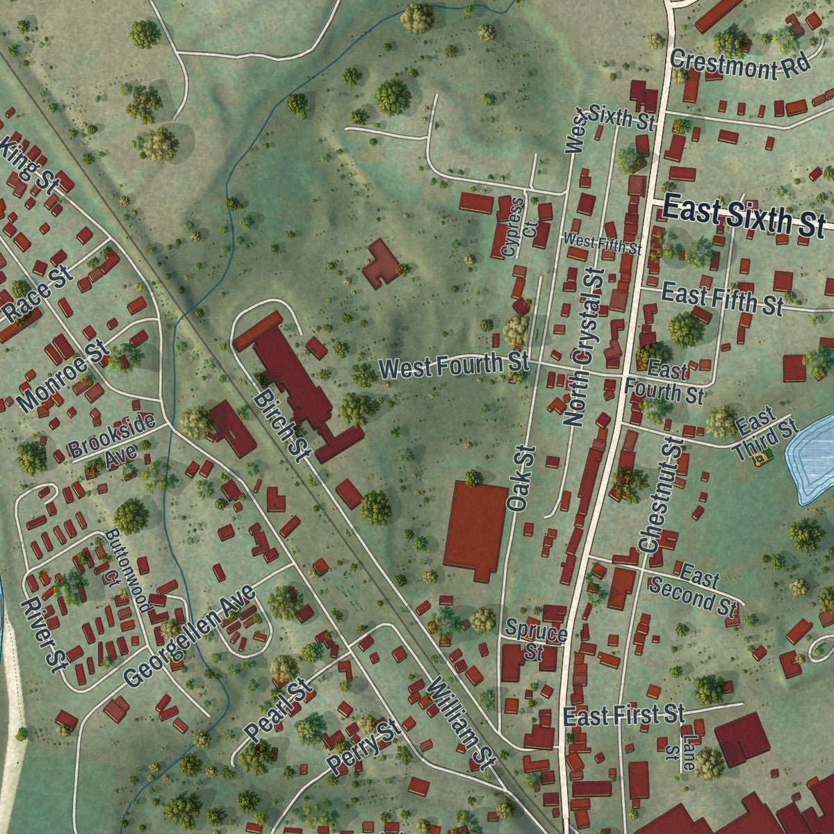 Second close-up of the map of East Stroudsburg, Pennsylvania print showing more streets and buildings