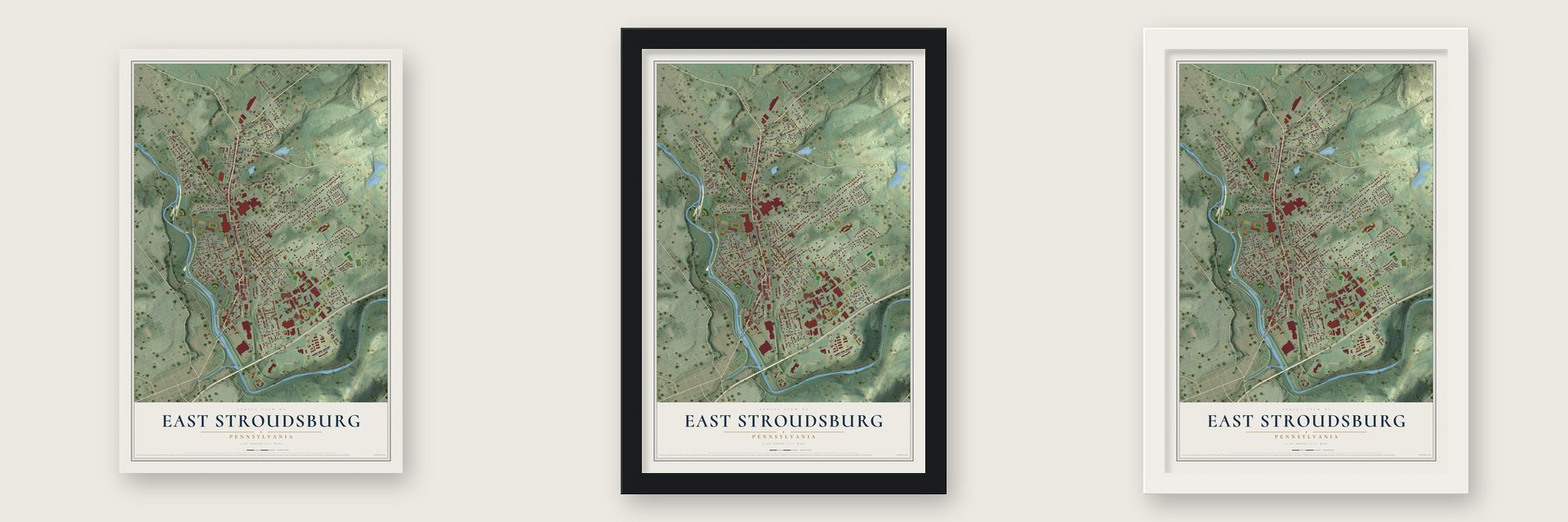 East Stroudsburg, Pennsylvania map unframed, in a black wood frame and in a white wood frame