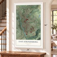 East Stroudsburg, Pennsylvania map, 24 x 36 inch print in a white frame by a staircase