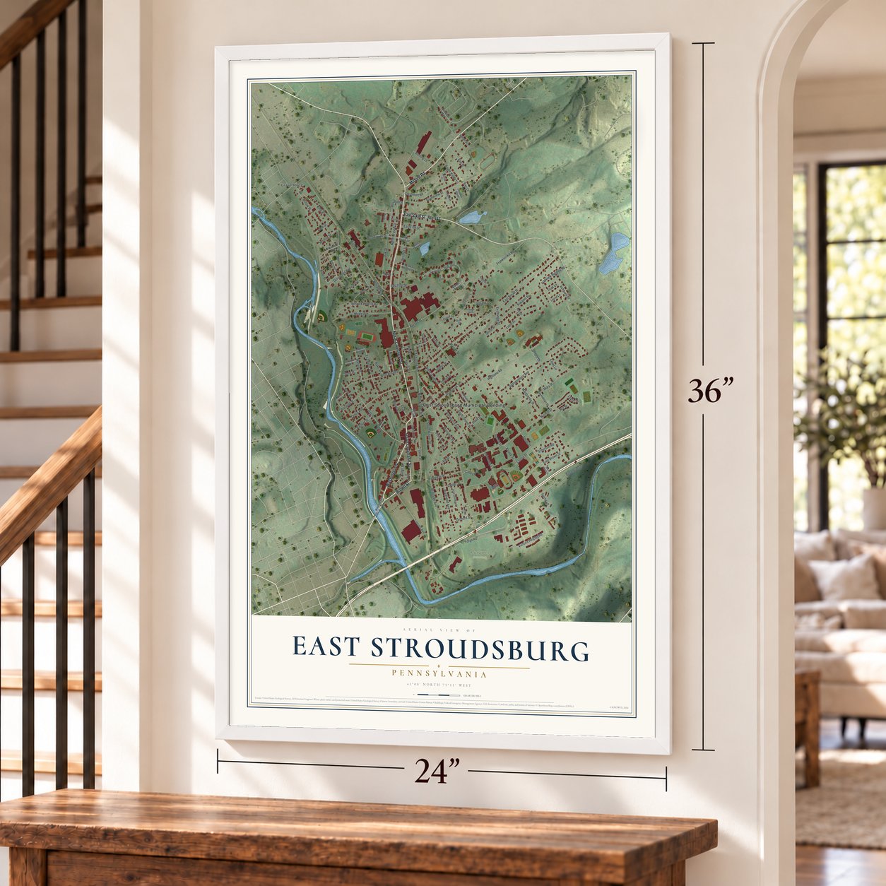 East Stroudsburg, Pennsylvania map, 24 x 36 inch print in a white frame by a staircase
