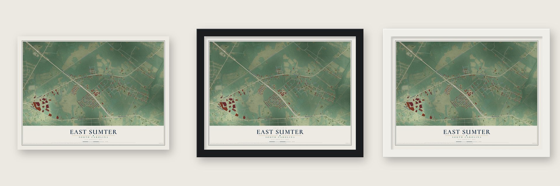East Sumter, South Carolina map unframed, in a black wood frame and in a white wood frame