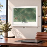 East Sumter, South Carolina map, 18 x 24 inch print in a white frame in a home office
