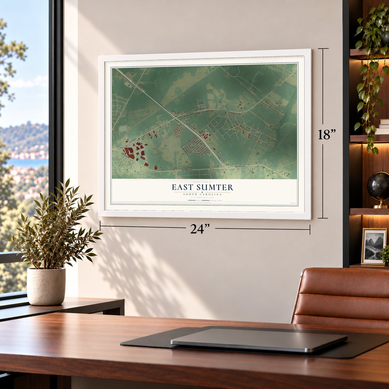 East Sumter, South Carolina map, 18 x 24 inch print in a white frame in a home office