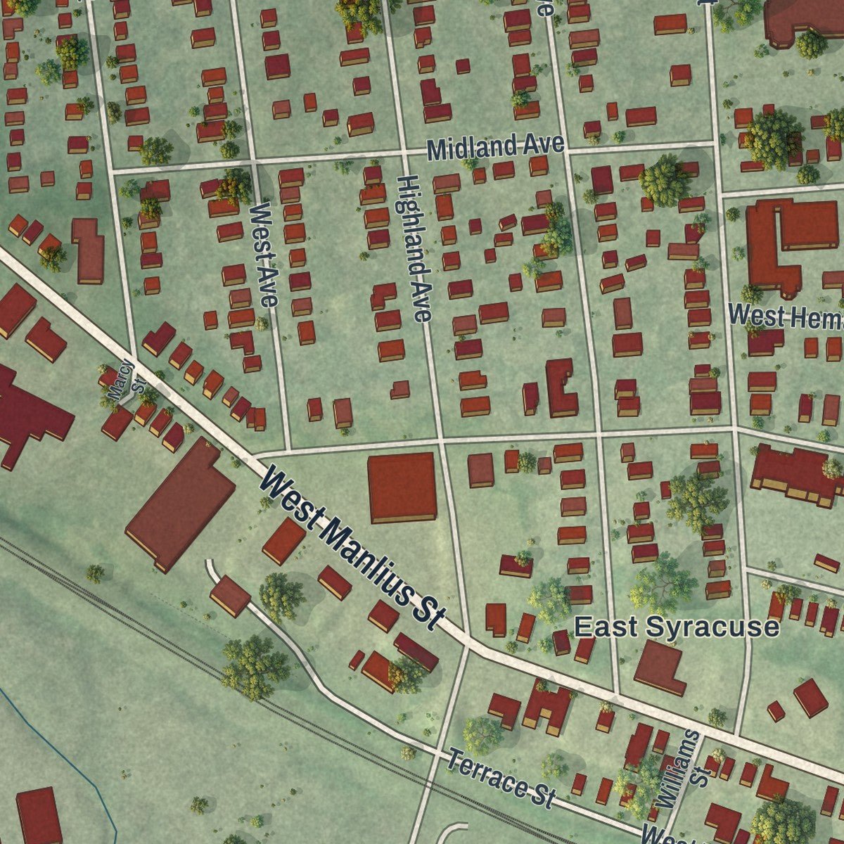 Second close-up of the map of East Syracuse, New York print showing more streets and buildings