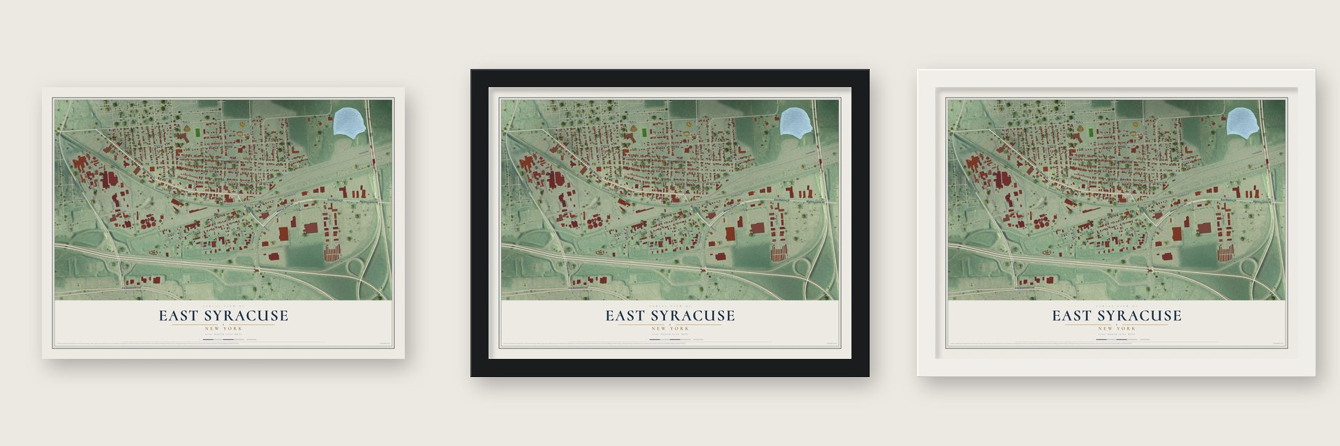 East Syracuse, New York map unframed, in a black wood frame and in a white wood frame