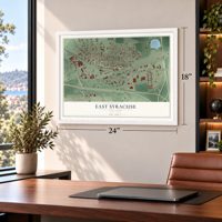 East Syracuse, New York map, 18 x 24 inch print in a white frame in a home office