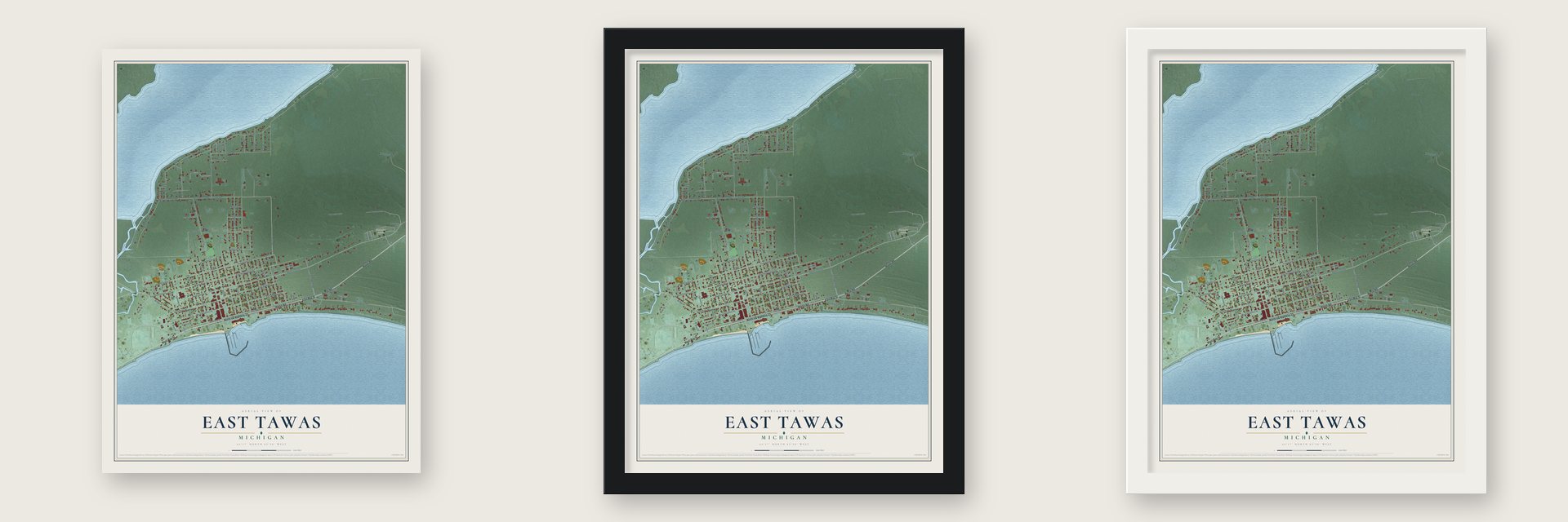 East Tawas, Michigan map unframed, in a black wood frame and in a white wood frame