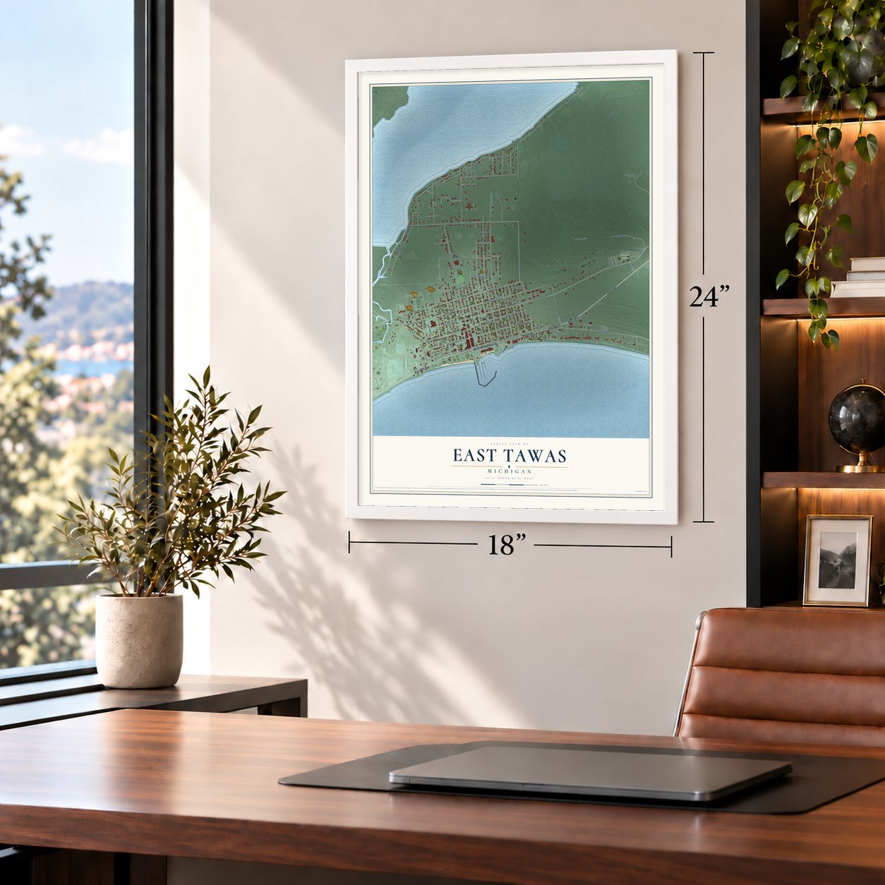 East Tawas, Michigan map, 18 x 24 inch print in a white frame in a home office
