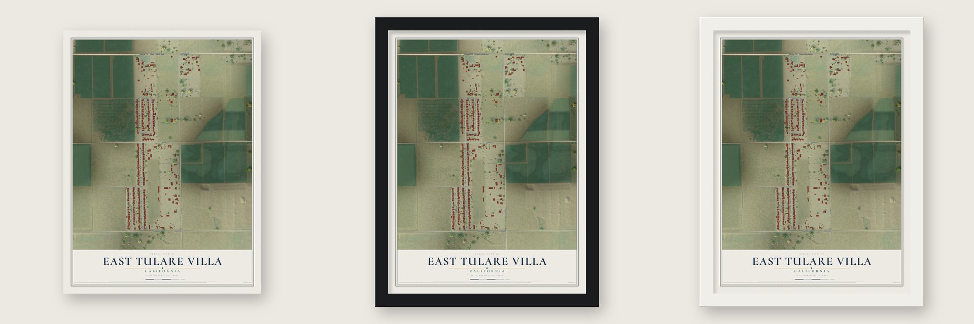 East Tulare Villa, California map unframed, in a black wood frame and in a white wood frame