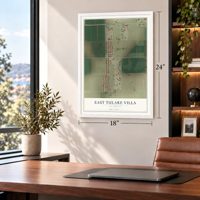 East Tulare Villa, California map, 18 x 24 inch print in a white frame in a home office