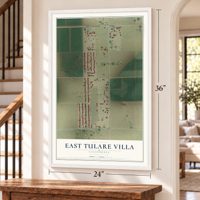 East Tulare Villa, California map, 24 x 36 inch print in a white frame by a staircase