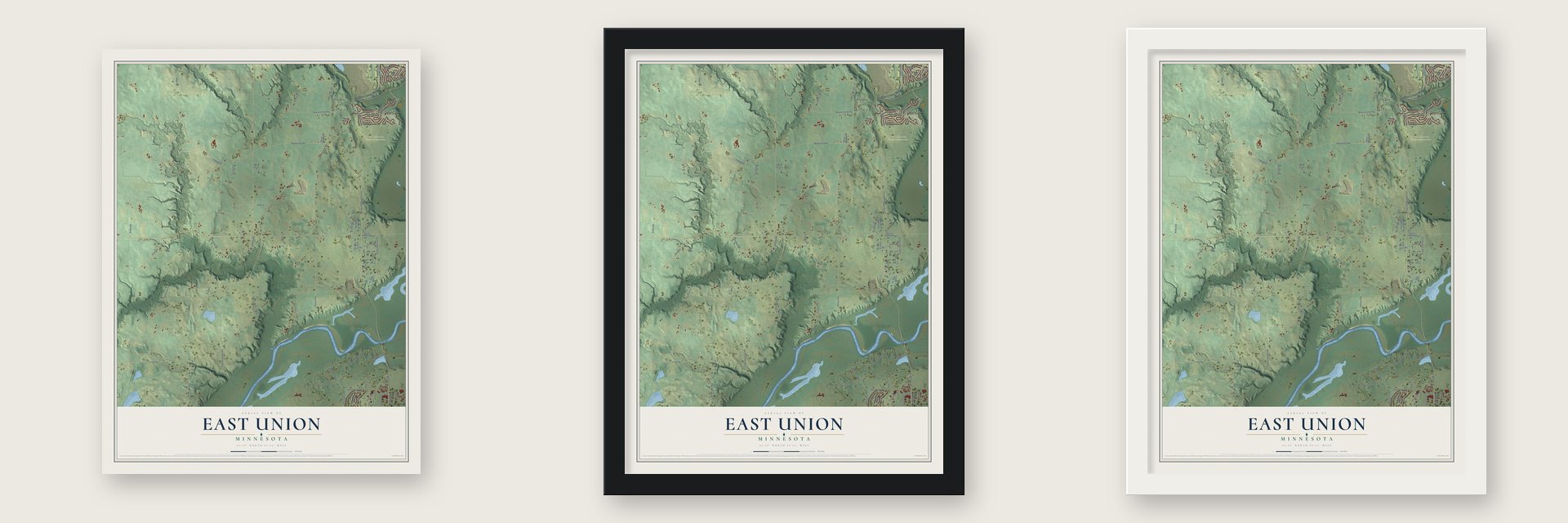 East Union, Minnesota map unframed, in a black wood frame and in a white wood frame