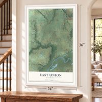 East Union, Minnesota map, 24 x 36 inch print in a white frame by a staircase