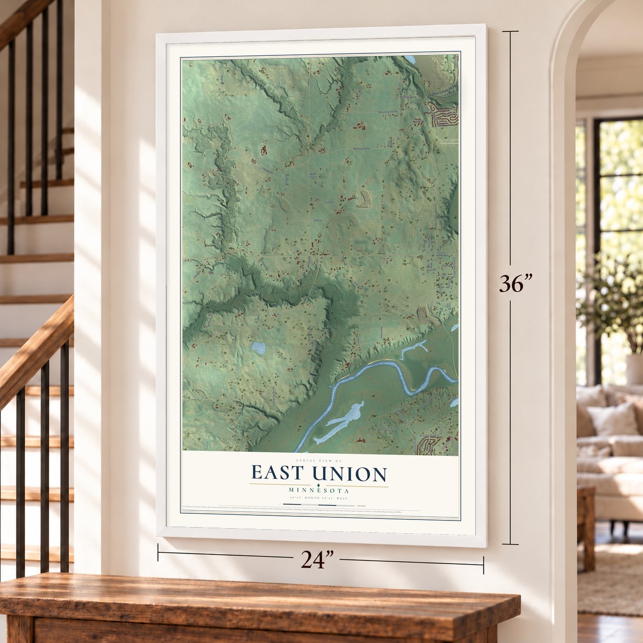 East Union, Minnesota map, 24 x 36 inch print in a white frame by a staircase