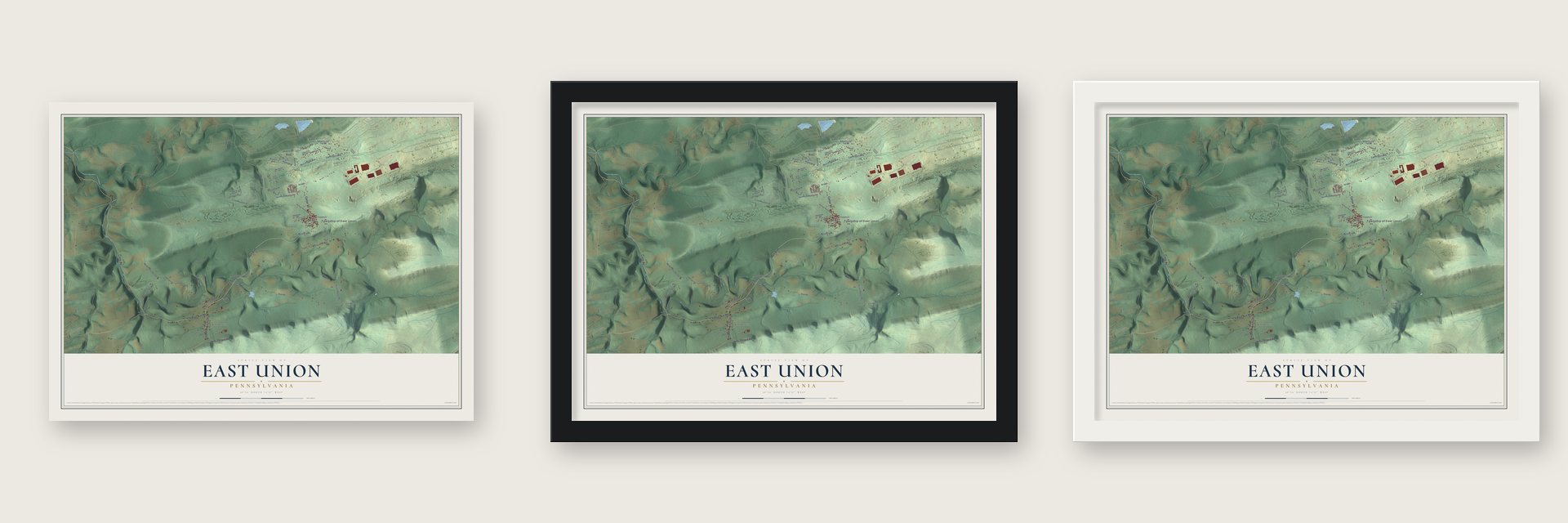 East Union, Pennsylvania map unframed, in a black wood frame and in a white wood frame