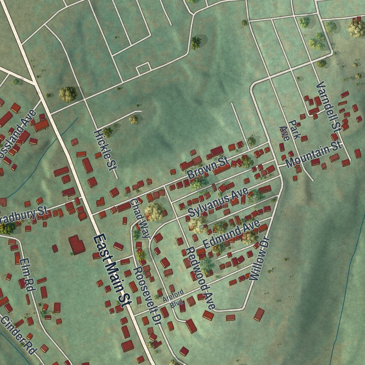 Second close-up of the map of East Uniontown, Pennsylvania print showing more streets and buildings
