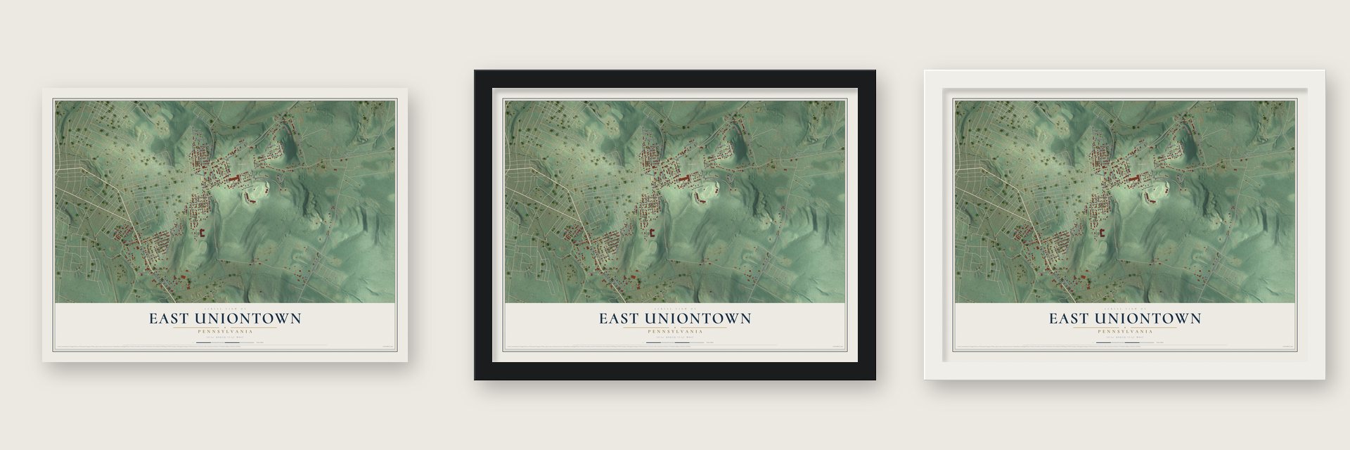 East Uniontown, Pennsylvania map unframed, in a black wood frame and in a white wood frame