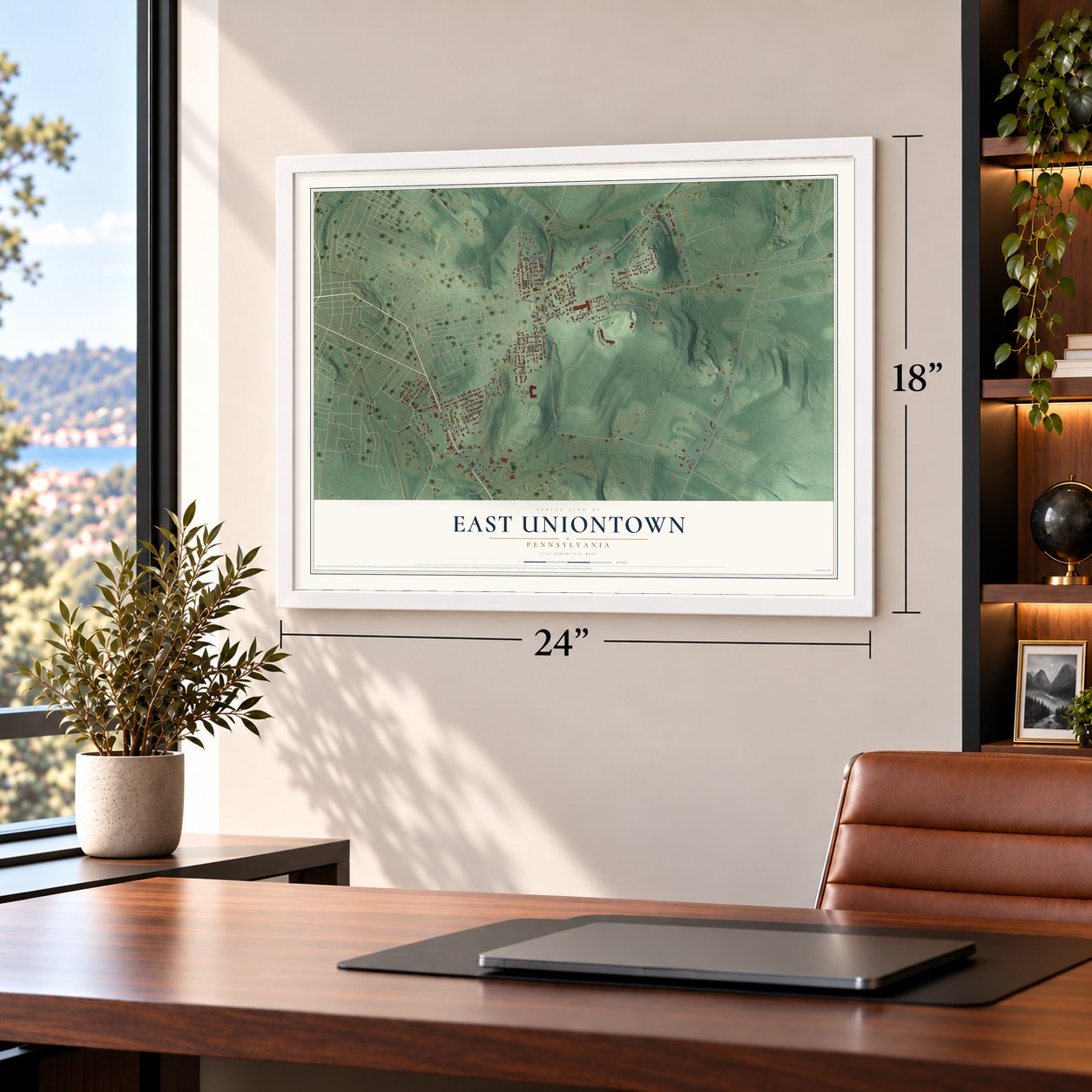 East Uniontown, Pennsylvania map, 18 x 24 inch print in a white frame in a home office