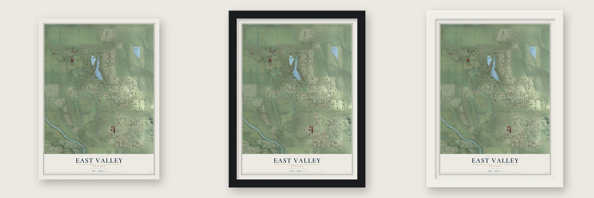 East Valley, Nevada map unframed, in a black wood frame and in a white wood frame