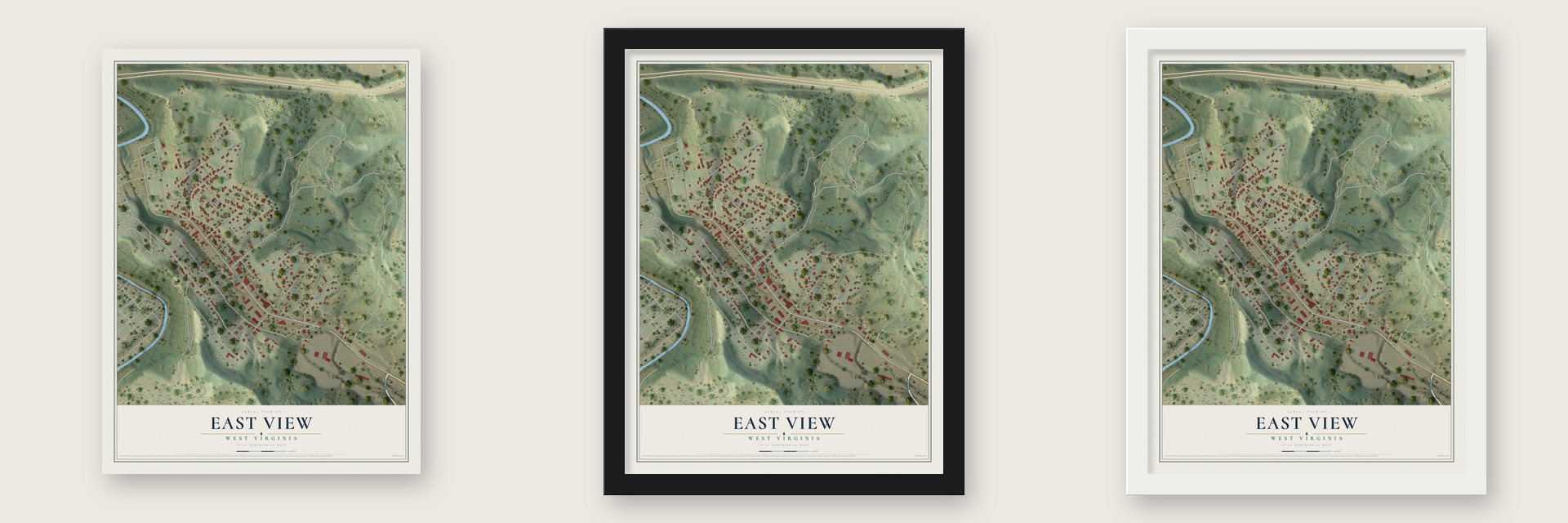 East View, West Virginia map unframed, in a black wood frame and in a white wood frame