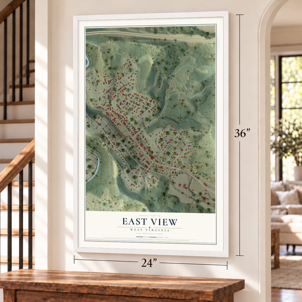 East View, West Virginia map, 24 x 36 inch print in a white frame by a staircase