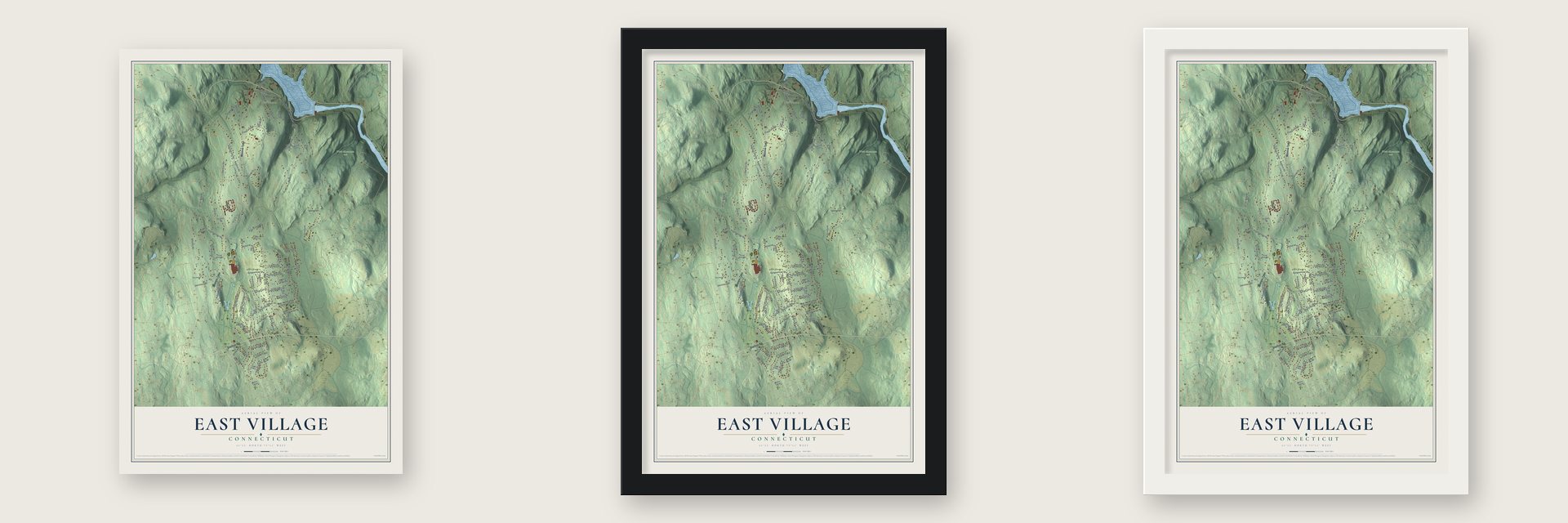 East Village, Connecticut map unframed, in a black wood frame and in a white wood frame