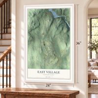 East Village, Connecticut map, 24 x 36 inch print in a white frame by a staircase