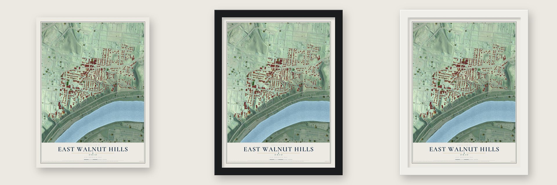 East Walnut Hills, Ohio map unframed, in a black wood frame and in a white wood frame