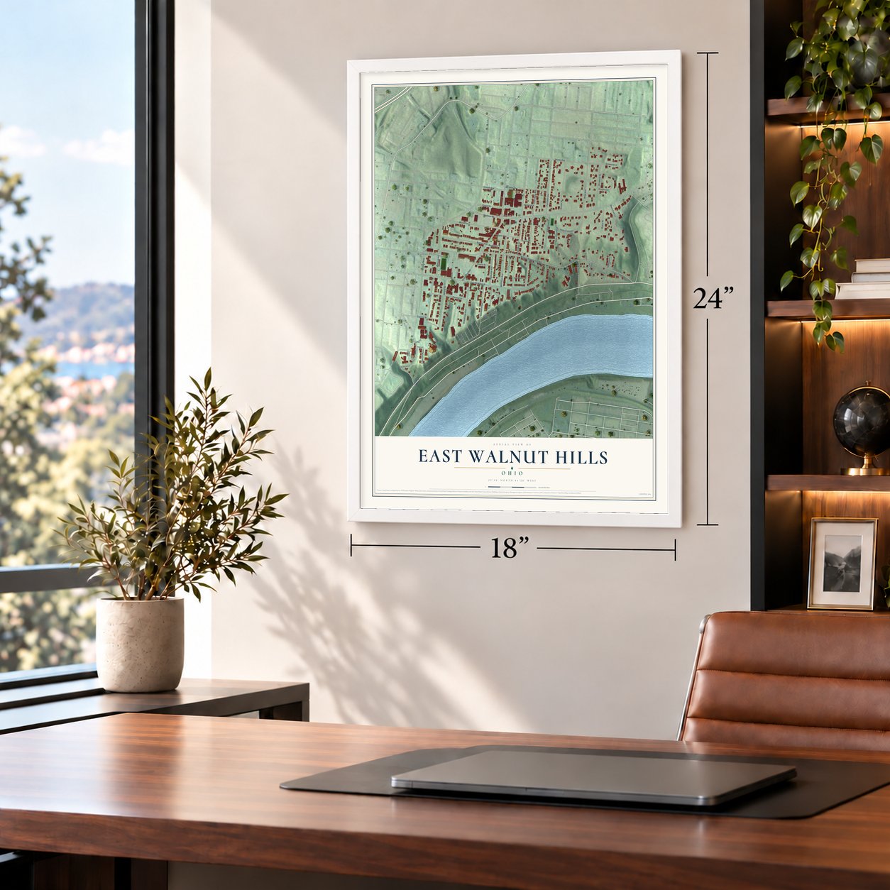 East Walnut Hills, Ohio map, 18 x 24 inch print in a white frame in a home office