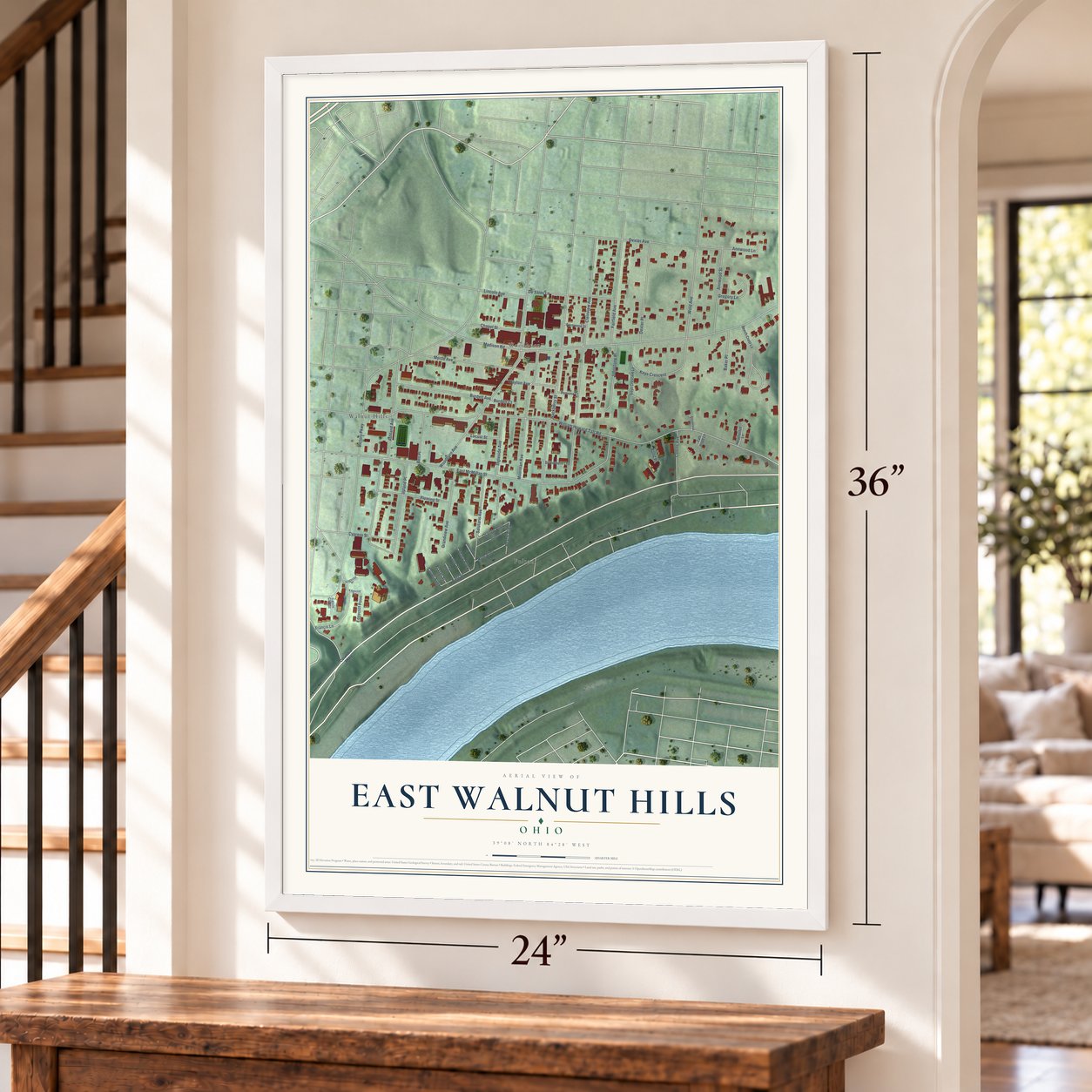 East Walnut Hills, Ohio map, 24 x 36 inch print in a white frame by a staircase