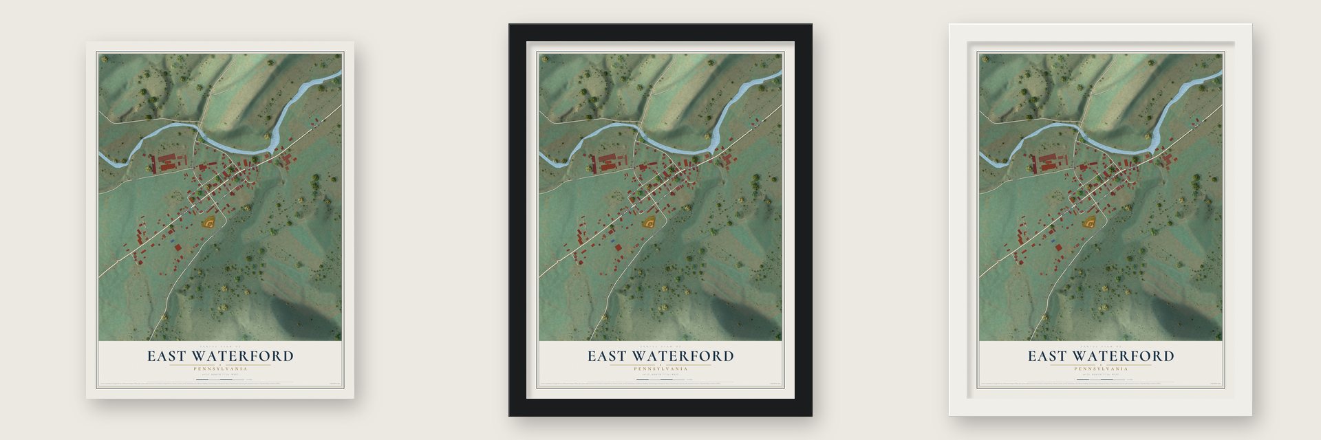 East Waterford, Pennsylvania map unframed, in a black wood frame and in a white wood frame