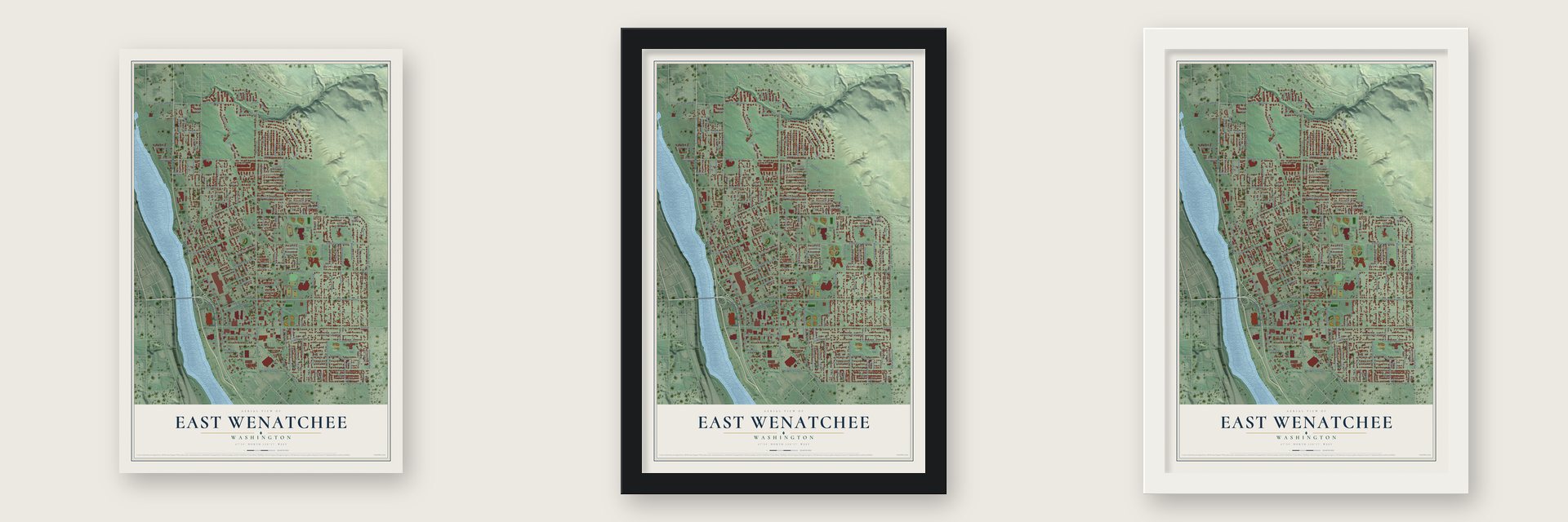 East Wenatchee, Washington map unframed, in a black wood frame and in a white wood frame