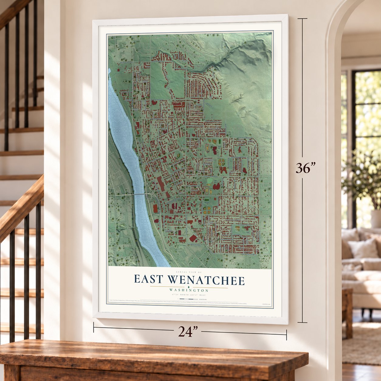 East Wenatchee, Washington map, 24 x 36 inch print in a white frame by a staircase