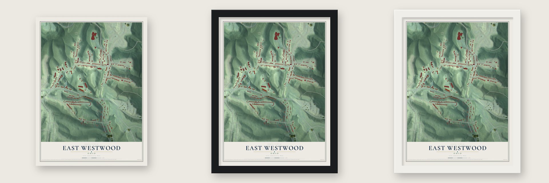 East Westwood, Ohio map unframed, in a black wood frame and in a white wood frame