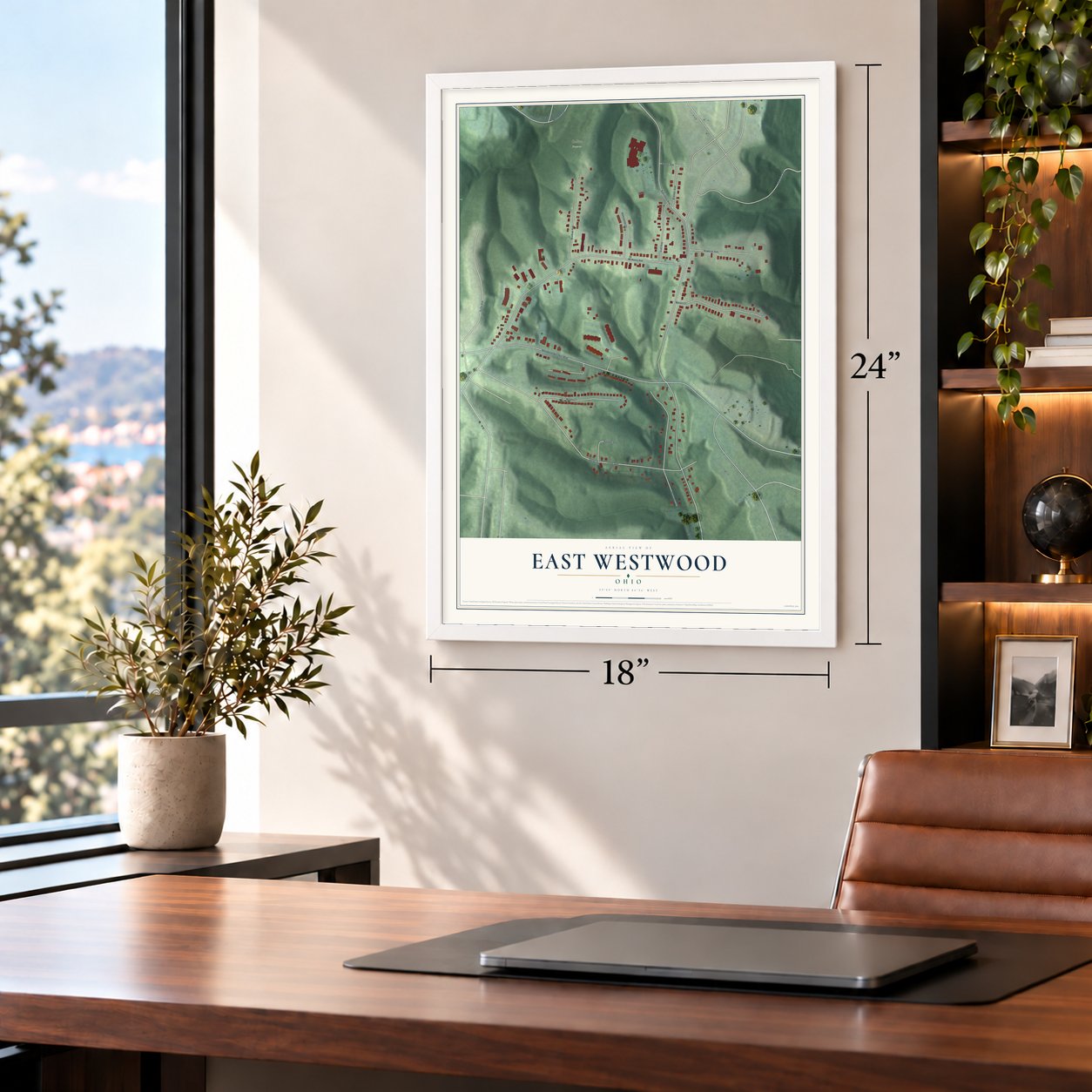 East Westwood, Ohio map, 18 x 24 inch print in a white frame in a home office