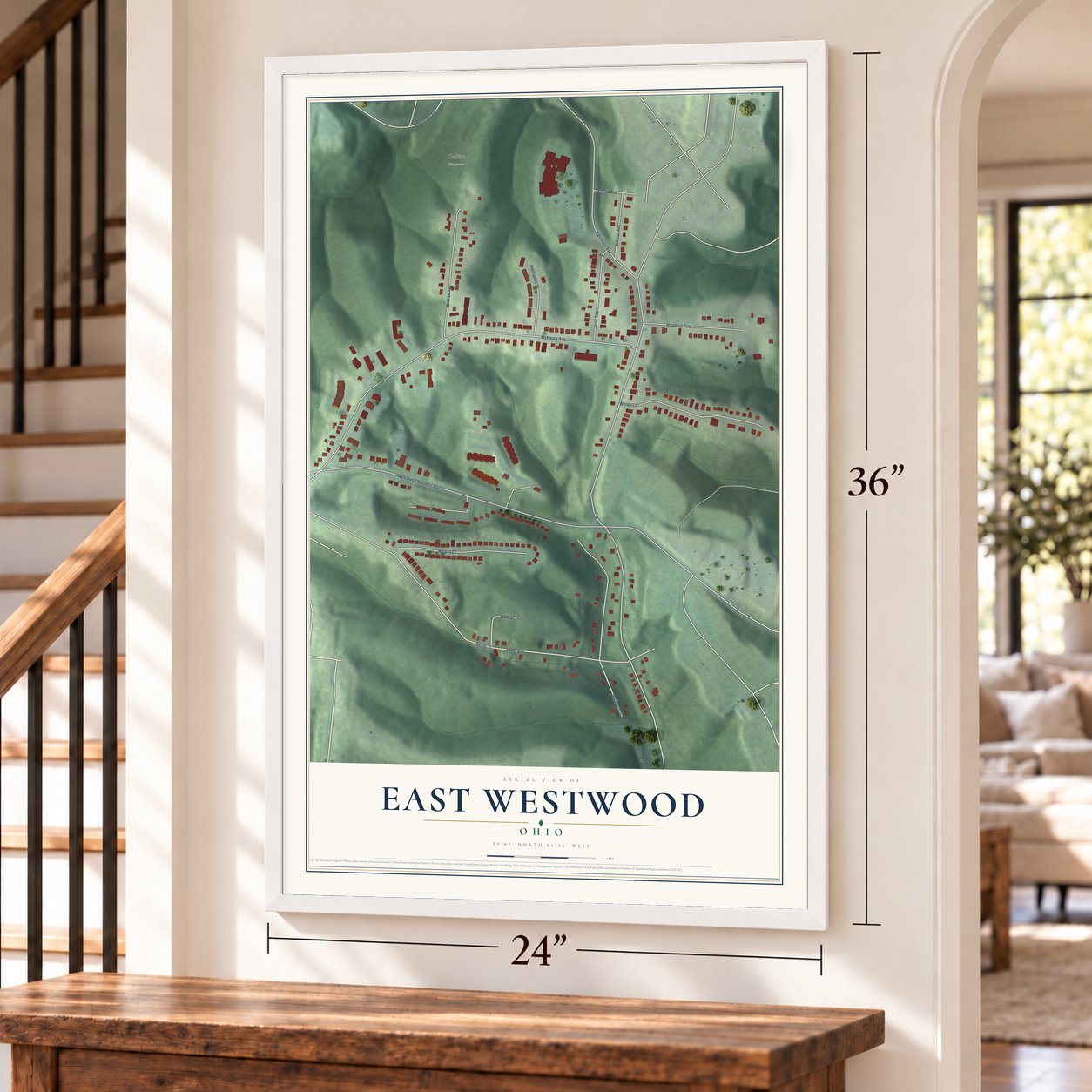 East Westwood, Ohio map, 24 x 36 inch print in a white frame by a staircase
