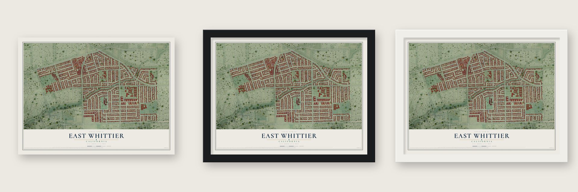 East Whittier, California map unframed, in a black wood frame and in a white wood frame