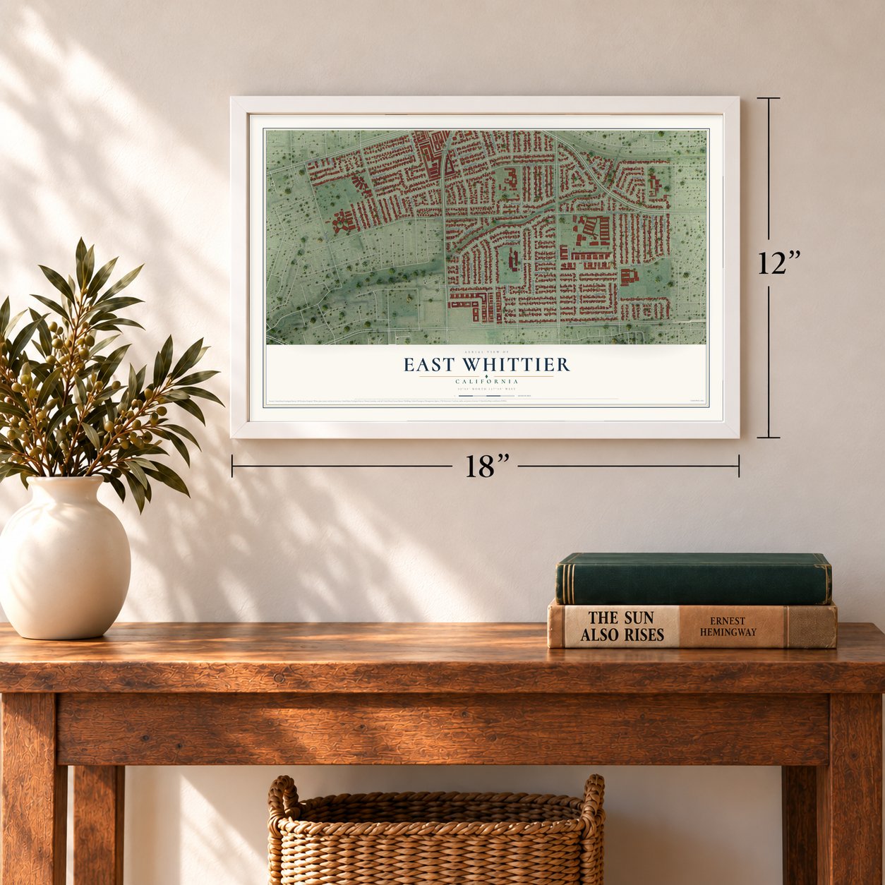East Whittier, California map, 12 x 18 inch print in a white frame in an entryway
