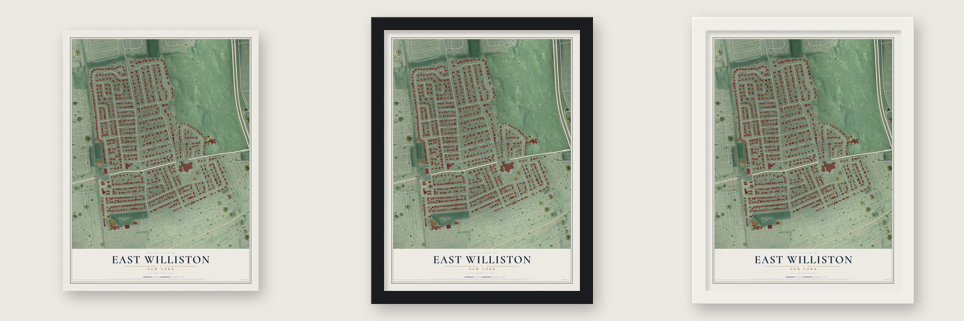 East Williston, New York map unframed, in a black wood frame and in a white wood frame