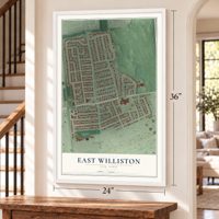 East Williston, New York map, 24 x 36 inch print in a white frame by a staircase