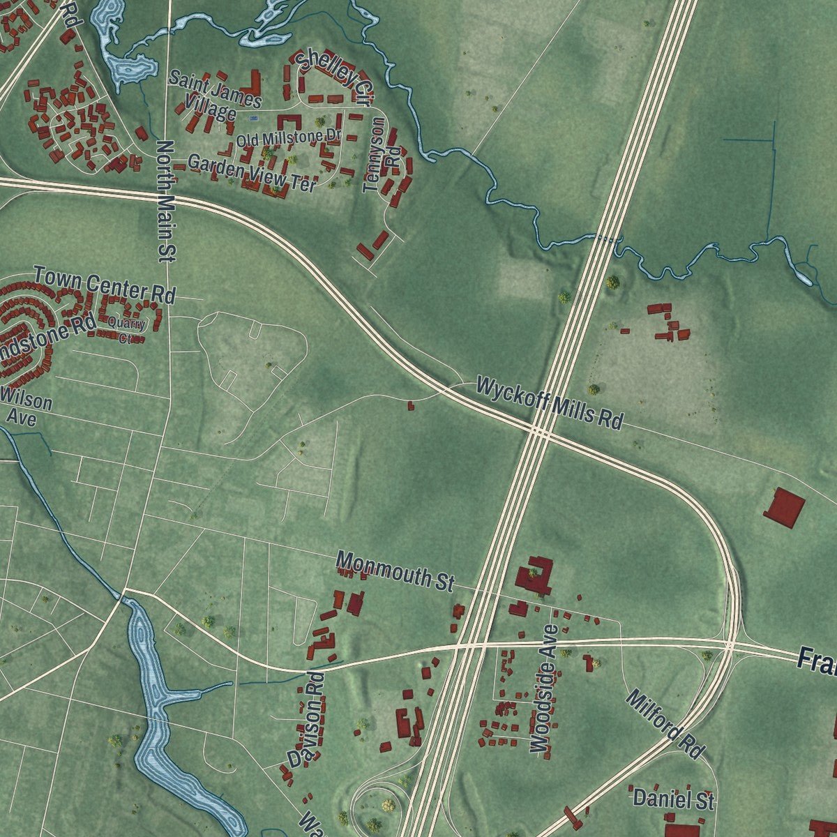 Second close-up of the map of East Windsor, New Jersey print showing more streets and buildings