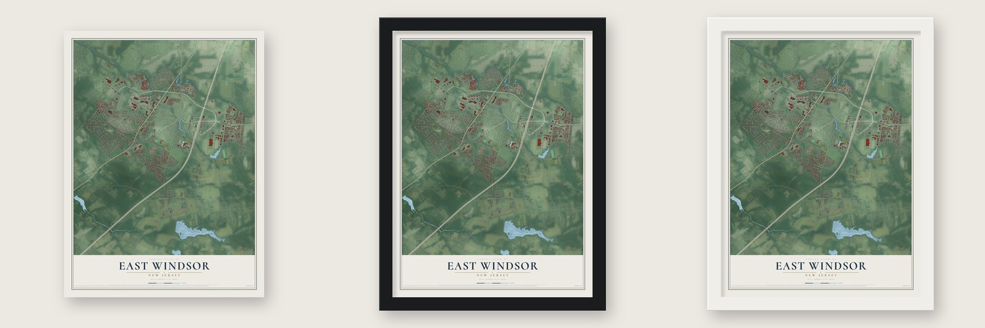 East Windsor, New Jersey map unframed, in a black wood frame and in a white wood frame