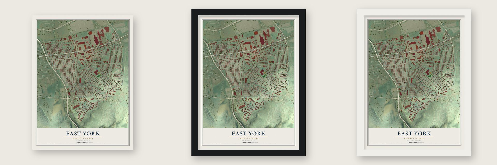 East York, Pennsylvania map unframed, in a black wood frame and in a white wood frame