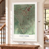 East York, Pennsylvania map, 24 x 36 inch print in a white frame by a staircase