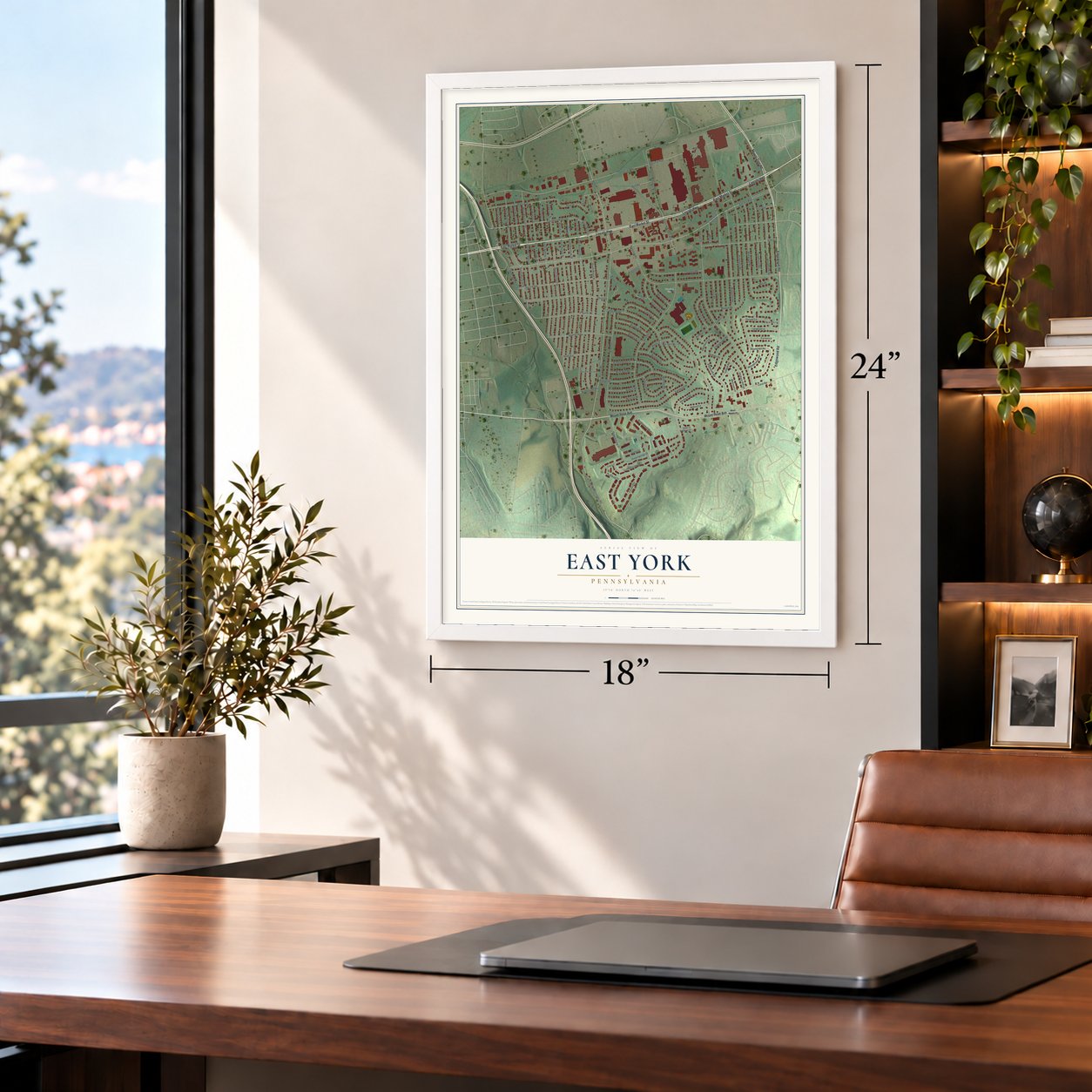 East York, Pennsylvania map, 18 x 24 inch print in a white frame in a home office
