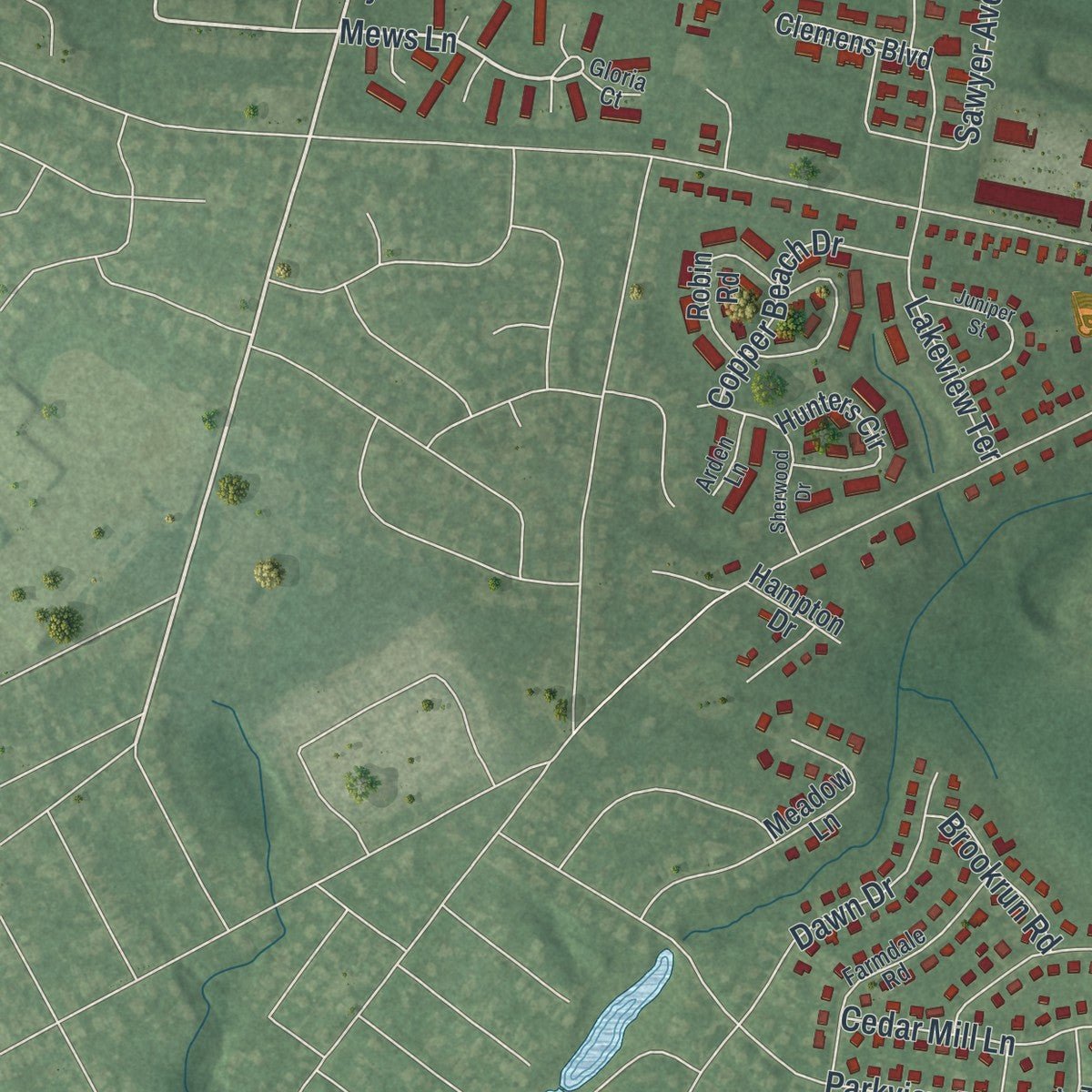 Second close-up of the map of Eastampton, New Jersey print showing more streets and buildings