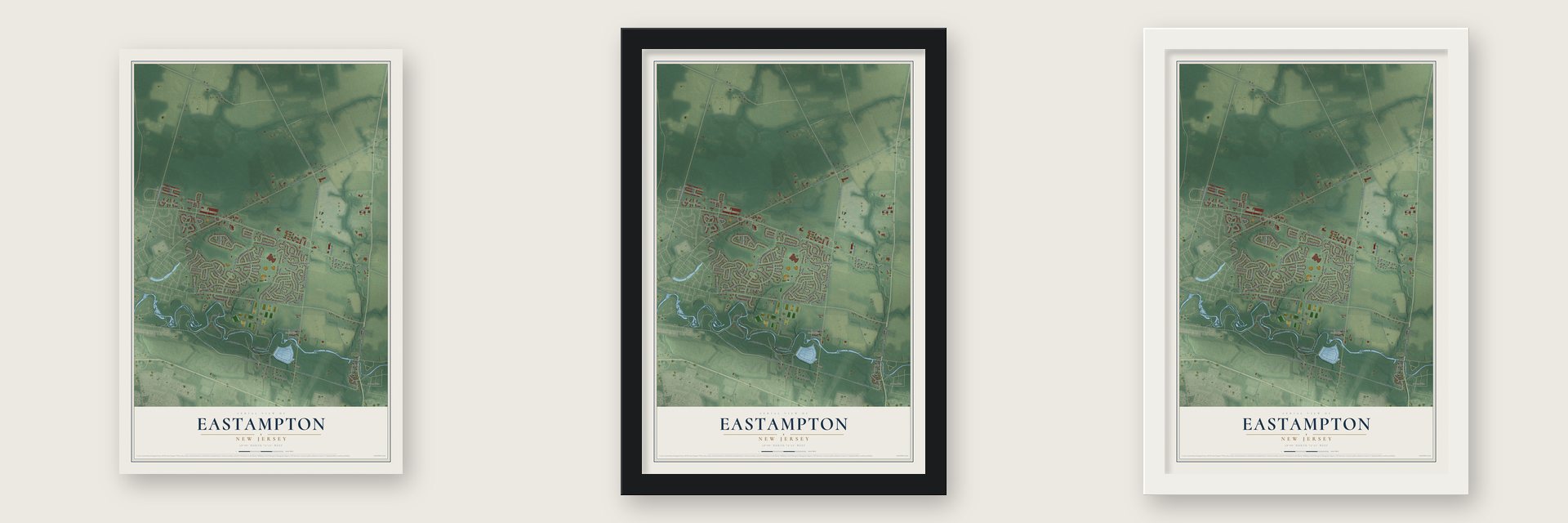 Eastampton, New Jersey map unframed, in a black wood frame and in a white wood frame