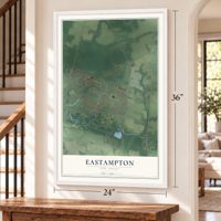 Eastampton, New Jersey map, 24 x 36 inch print in a white frame by a staircase