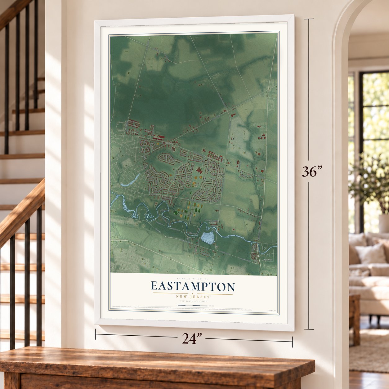 Eastampton, New Jersey map, 24 x 36 inch print in a white frame by a staircase